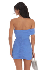 Shimmer Off Shoulder Bodycon Dress in Blue